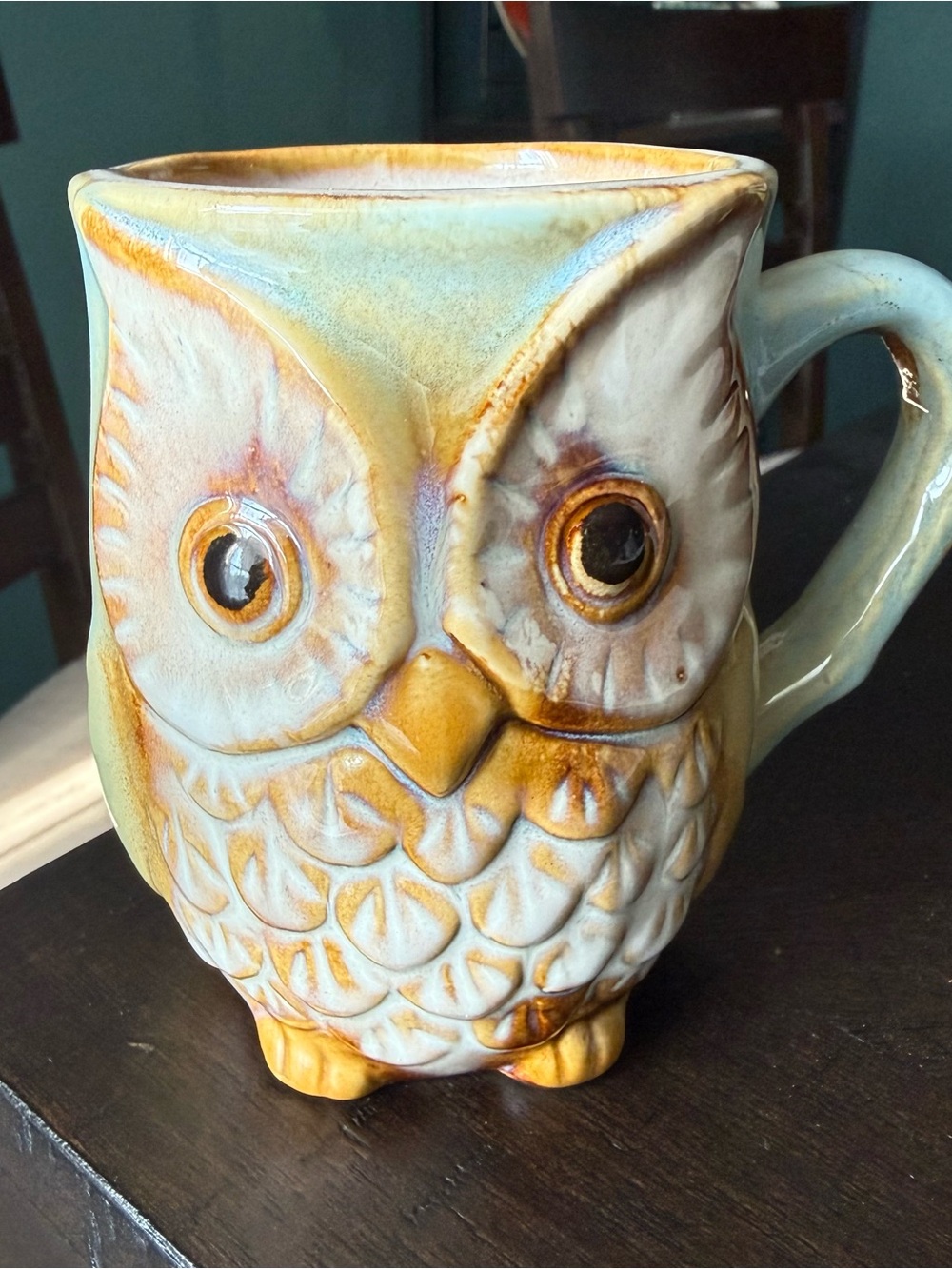 Burton & Burton Ceramic Owl Mug -Blue/Green Glaze 12oz